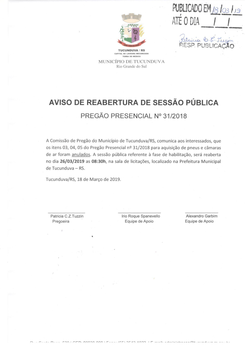 AVISO DE REABERTURA DE SESSÃO PÚBLICA - PREGÃO PRESENCIAL 31/2018